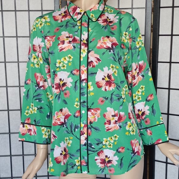 Lauren Ralph Lauren Green Floral 3/4 Sleeve Blouse Top XL Feminine! - Picture 6 of 9
